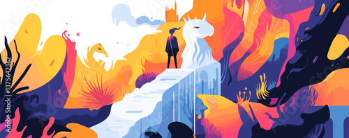 Surreal fantasy landscape with woman and mythical creature on bridge - vector.