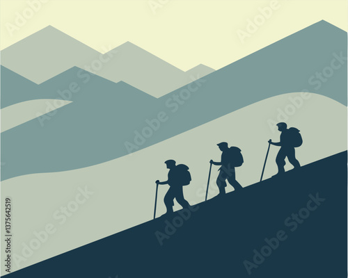 Silhouettes of four hikers climbing a mountain with backpacks and poles.