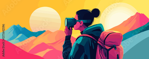 Vibrant vector of a female photographer with backpack in colorful mountain landscape at sunrise.