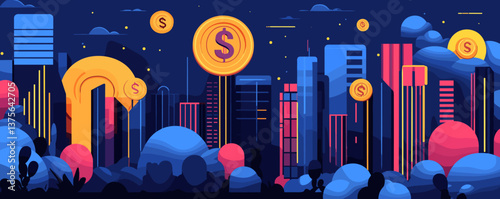 Futuristic cityscape with dollar coins floating in night sky - vector.