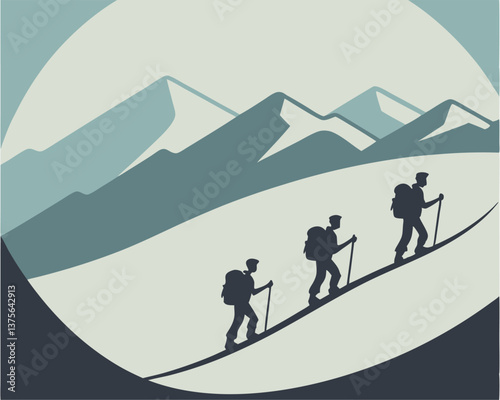 Silhouettes of four hikers climbing a mountain with backpacks and poles.