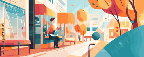 Autumn city scene with person on bench, modern urban landscape - vector.