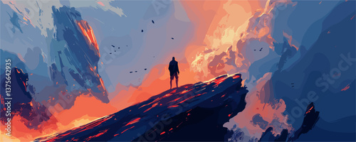 Solitary figure standing on cliff amidst breathtaking sunset sky with dramatic clouds - vector.