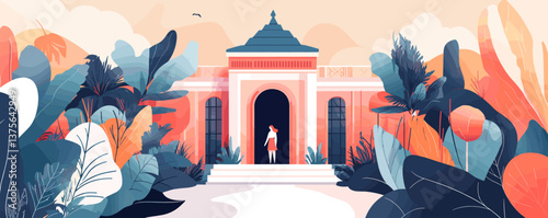 Tropical garden pathway to exotic building with lush foliage and woman standing in doorway - vector.