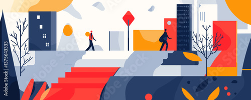 Urban landscape with abstract buildings and people walking in vibrant colors - vector.