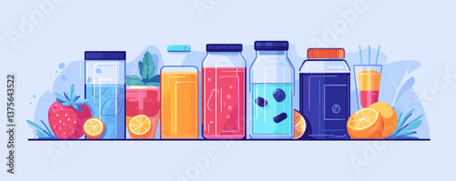 Colorful juice bottles with fresh fruits and berries on blue background, vector.