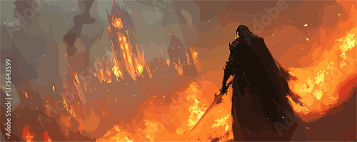 Warrior stands amidst fiery landscape facing burning city with tower - vector.