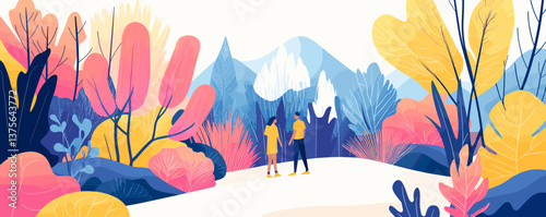 Vibrant forest scene with couple strolling among colorful trees and scenic mountains - vector.