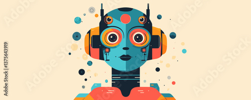 Futuristic robot with colorful geometric design and headphones - vector.