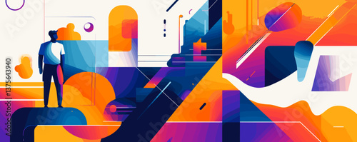 Colorful abstract geometric art with human silhouette, vibrant urban scene - vector.