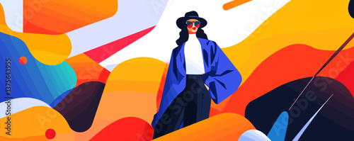 Stylish woman in colorful abstract landscape, wearing hat and sunglasses - vector.