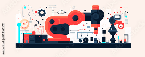 Futuristic robotic arm with industrial elements in technology workspace - vector.