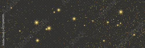 Gold glittering dust with stars on transparent backdrop