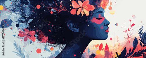 Abstract profile of woman with floral hair and colorful patterns - vector.