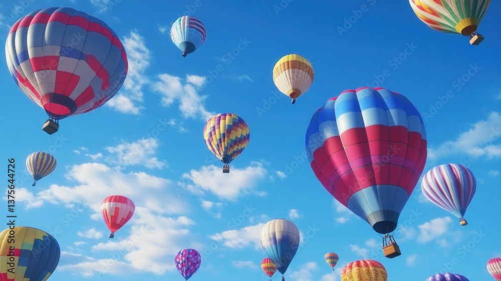 Fototapeta premium A vibrant 3D animated hot air balloon festival in a clear blue sky.