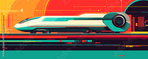Futuristic high-speed train in vibrant sci-fi landscape, entering tunnel - vector.