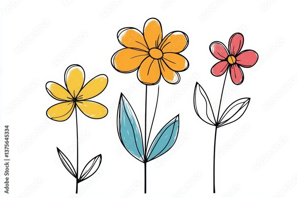 Fototapeta premium Icons of chamomile flowers in a grunge style, sketched with scribble ink, markers, and crayons