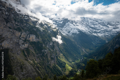Panoramic view of the green Swiss valley taken from the village of Wengen, in the Jungfrau region, Interlaken, Switzerland. photo