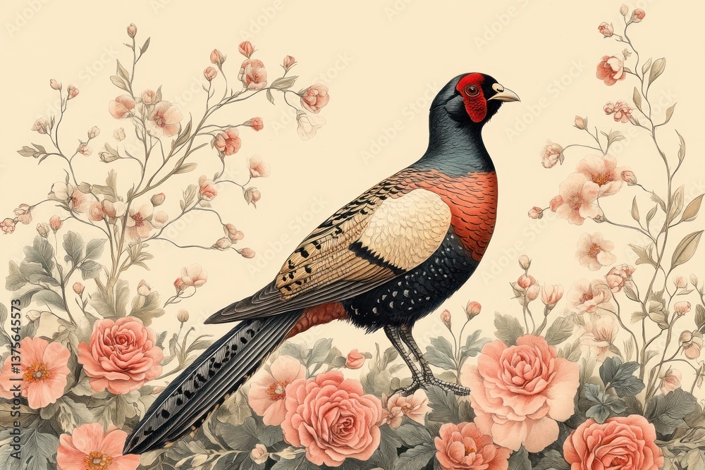 Fototapeta premium Pheasant and Exotic Flowers Seamless Floral Pattern Vintage Botanical Illustration