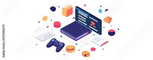Isometric gaming console setup with books and digital interface elements - vector.