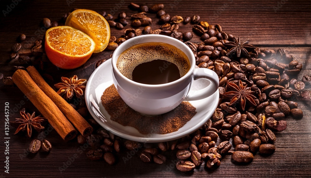 aromatic coffee in white cup surrounded by coffee beans and spices evoking warmth and comfort aromatic coffee in white cup surrounded by coffee beans and spices evoking warmth and comfort