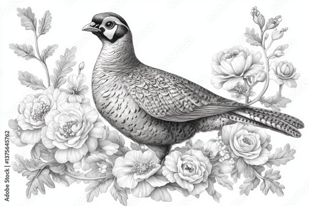 Fototapeta premium Pheasant Bird with Exotic Flowers in Intricate Vintage Botanical Engraving Pattern