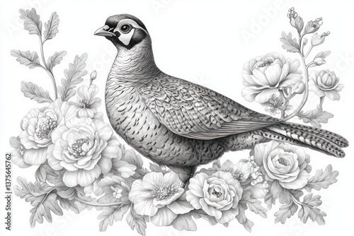 Wallpaper Mural Pheasant Bird with Exotic Flowers in Intricate Vintage Botanical Engraving Pattern Torontodigital.ca