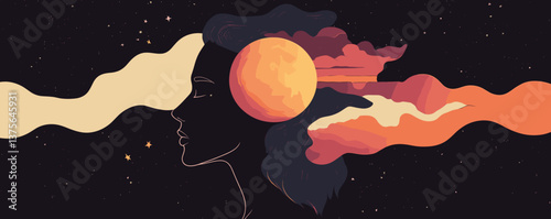 Surreal female silhouette with cosmic landscape and moon in profile - vector.