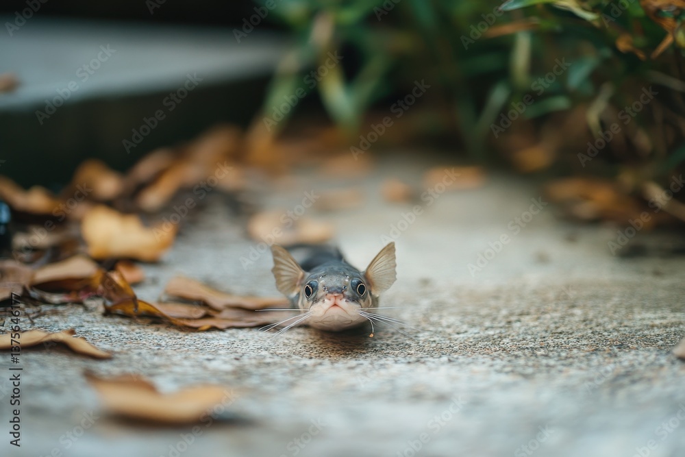 Small catfish swims on the ground among fallen leaves in a garden setting, A small catfish swimming on the ground Small catfish swims on the ground among fallen leaves in a garden setting, A small catfish swimming on the ground