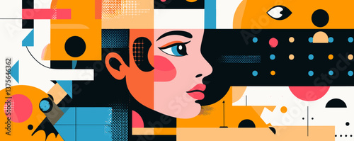 Abstract geometric art with female face profile in modern style - vector.