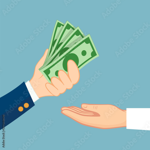
Hand giving money to other hands. Business finance money image. illustration vector cartoon.