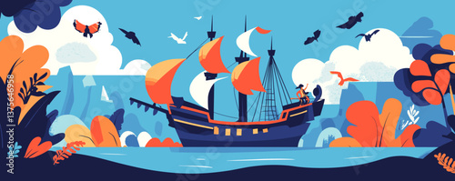 Pirate ship sailing at sunset with vibrant colors and ocean wildlife - vector.
