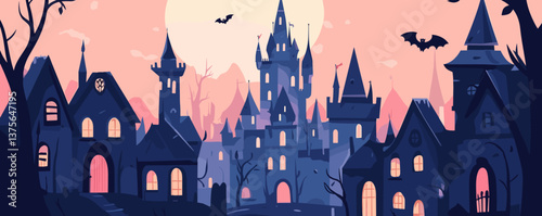 Spooky haunted castle in moonlit village with bats and dark silhouettes - vector art.