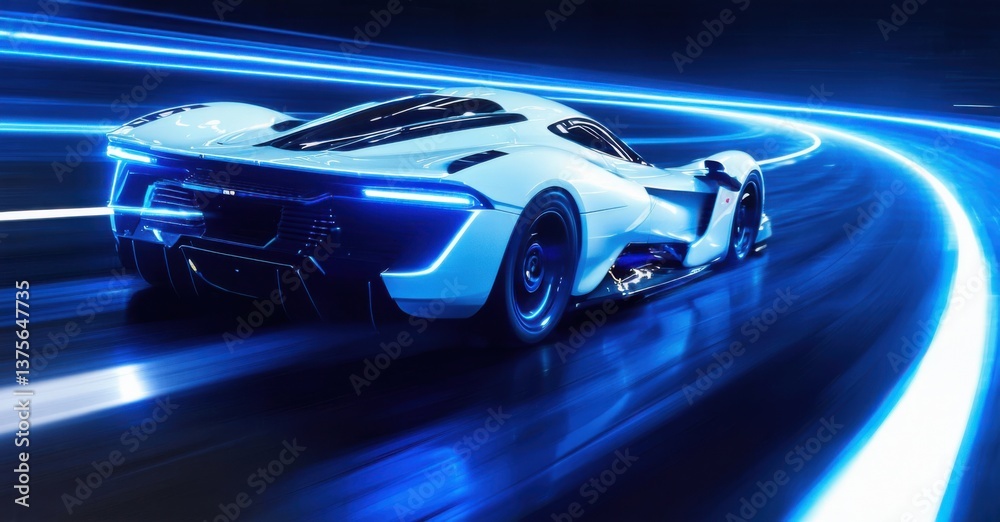 Obraz premium Professional navy blue and white high speed futuristic racing game app icon with neon lit tracks realistic detailed glossy style round square shape modern app icon bold vibrant c