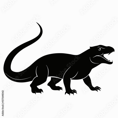 A vector silhouette of a komodo dragon stalking forward, its tongue flicking out
