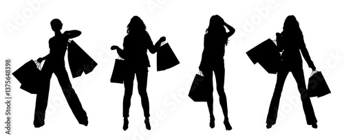Set of silhouettes of a young woman with paper shopping bags - vector illustration