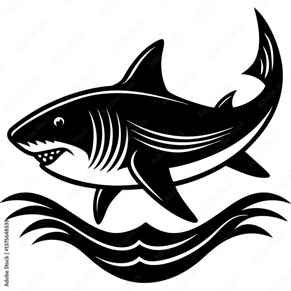 Fototapeta premium A vector silhouette of a shark swimming with its dorsal fin above water, 