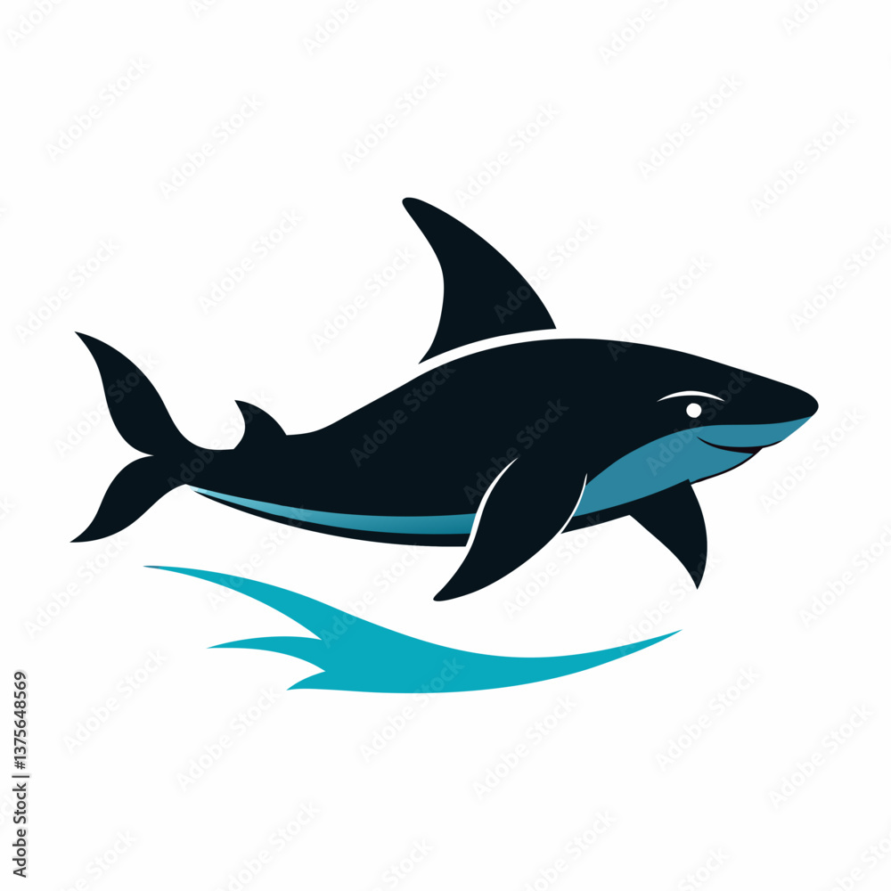 Fototapeta premium A vector silhouette of a shark swimming with its dorsal fin above water,