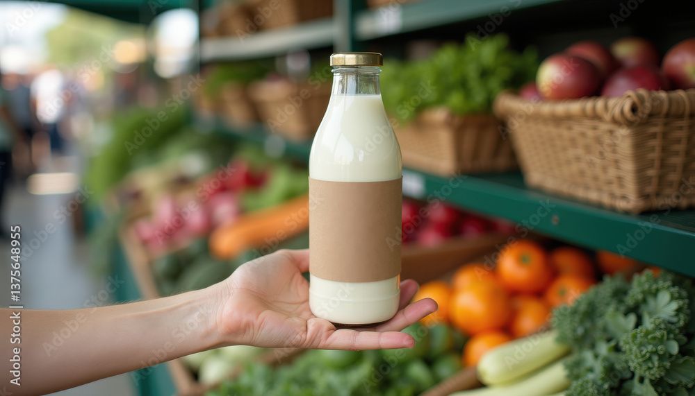 © KateBo - Milk bottle mockup. Blank labeled milk bottle in hand at local food market — packaging mockup surrounded by organic vegetables for natural dairy branding visuals.