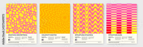 Retro abstract geometric pattern backgrounds with circle, triangle and square shapes. Vector trendy geometric pattern backgrounds with op art design