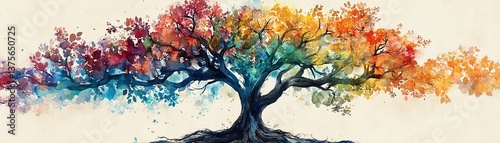 Generative AI watercolor family tree, elegant branches and roots, vibrant hues, artistic representation of family lineage