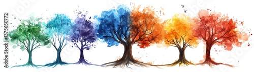 Generative AI watercolor family tree, elegant branches and roots, vibrant hues, artistic representation of family lineage