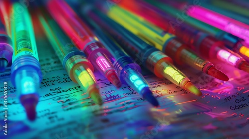 Fluorescent highlighters on a white surface with handwritten notes.