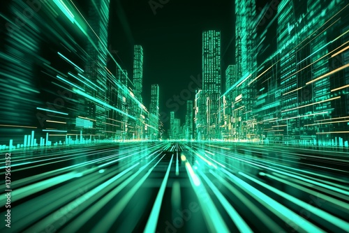 In a futuristic setting  a city s skyline is characterized by advanced mechanical technology  set against a vibrant neon green background  and includes a chart  with the entire scene animated using