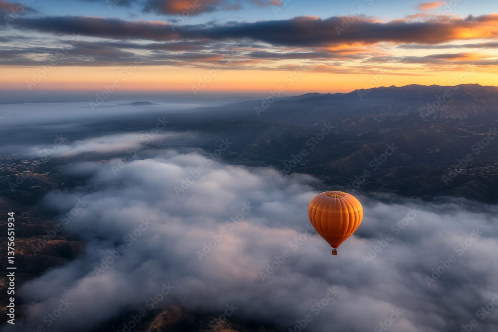 Obraz premium Traveler enjoys breathtaking views during an unforgettable hot air balloon ride at sunrise over majestic mountains