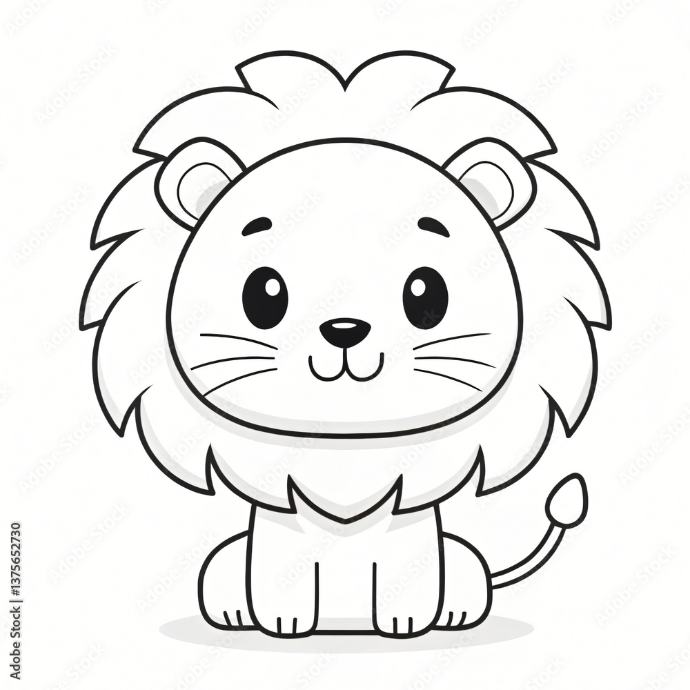 Obraz premium Adorable Cartoon Lion Cub Illustration Cute Animal Design Black and White Line Art Childrens Book