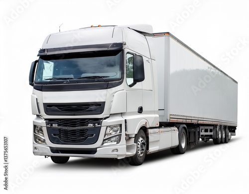 white modern european truck isolated on white background cargo cab and semi trailer concept of trucking supply chain transit moving shipping delivery front side view generative ai