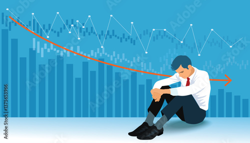 Depressed business man looking down at falling red arrow. Stressed business man crypto trader broker investor analyzing stock exchange market crypto trading decreasing chart data fall down loss. 