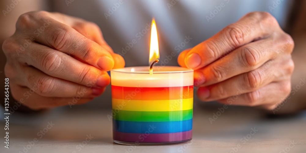 A person holds a colorful, layered rainbow candle with a lit flame, creating a warm and inviting ambiance.