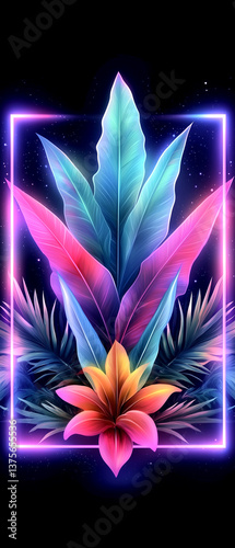 Vibrant flower with a green stem is displayed in a neon frame. The flower is surrounded by a green stem, and the frame is glowing with bright colors. The overall effect is a visually striking